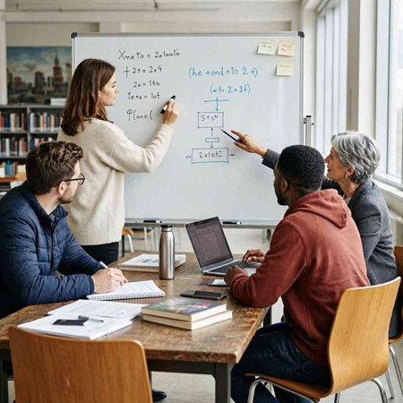 Teacher explaining math to students in a classroom with a whiteboard