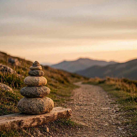 A pyramid of stones on a path in the mountains at sunset.