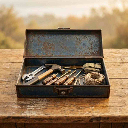old toolbox with tools on a wooden table in an outdoor setting