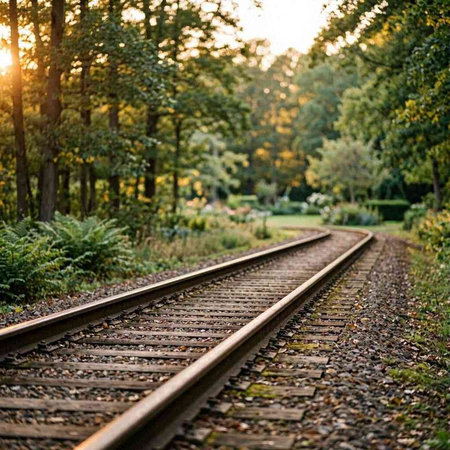 Railway tracks in the park at sunset. Railway in the park.