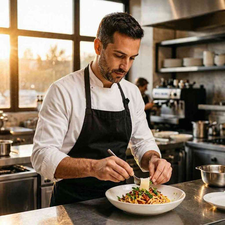 Handsome male chef in a white apron cooking spaghetti in the restaurant kitchen.