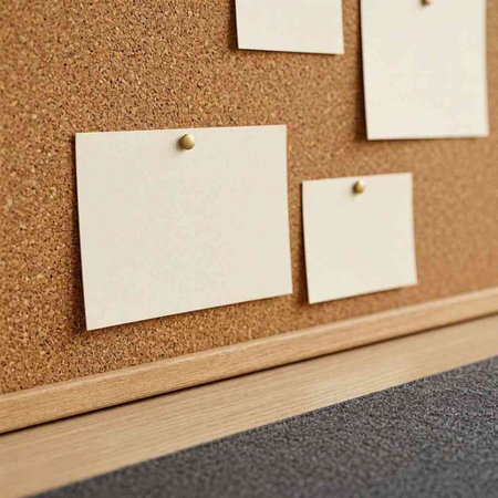 Cork board with blank sheets of paper attached to a cork board