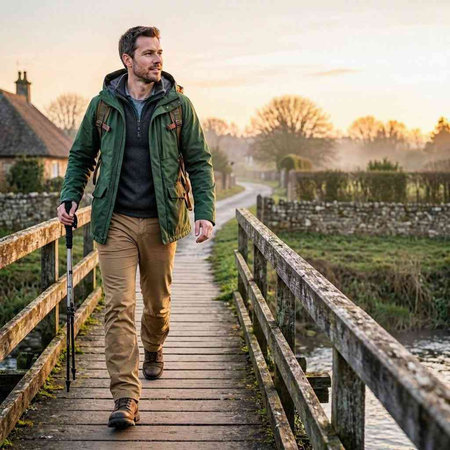 Handsome man walking along a wooden footpath in the countryside.
