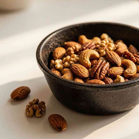 Healthy food. Nuts mix. Almond, pecan, walnut in a bowl on a white background.
