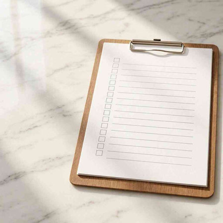 Clipboard with blank paper sheet on white marble background. 3d rendering
