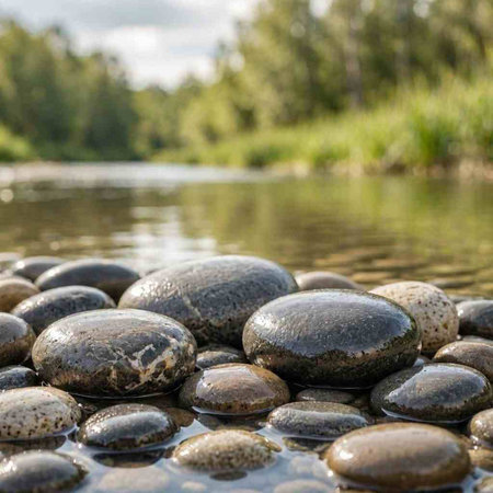 Stones in the water on a background of forest and lake.