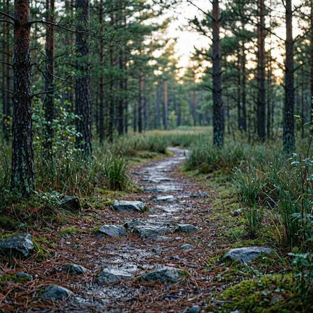 Path in a pine forest at sunset. Beautiful summer landscape with trees, grass and rocks.