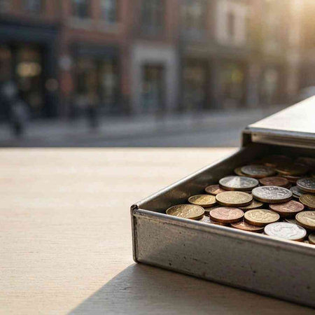 Coins in a metal box on the background of the city.