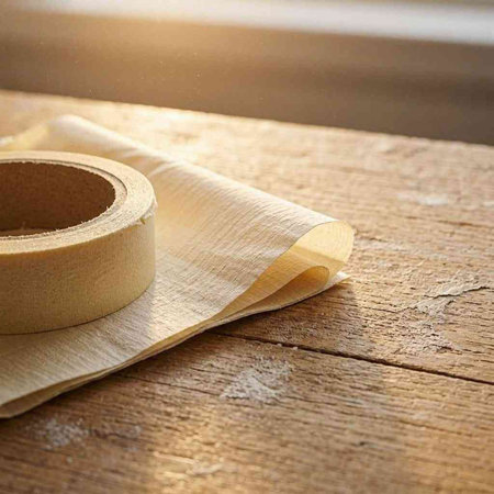 Rolls of brown adhesive tape on a wooden table. Copy space.
