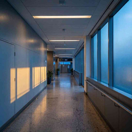 Corridor in modern office building with glass doors and windows. Nobody inside