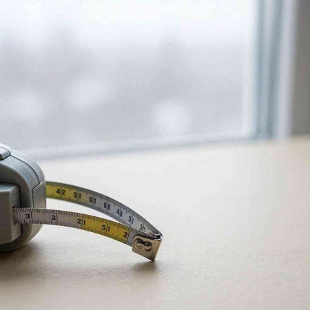 Measuring tape on a table in front of a window with copy space