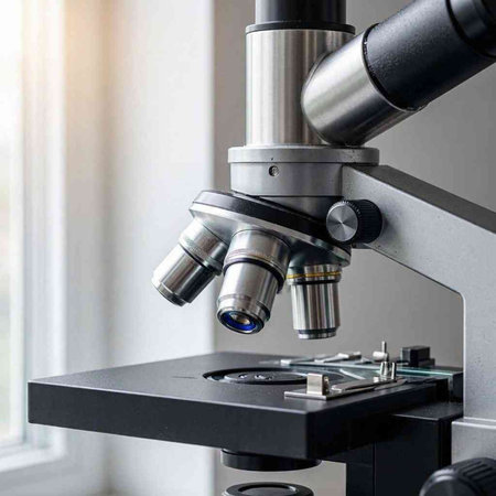 Microscope in laboratory. Medical equipment. Scientific research and development concept