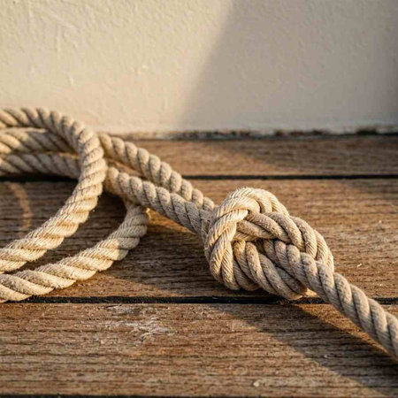 Rope on a wooden deck with white wall in the background.