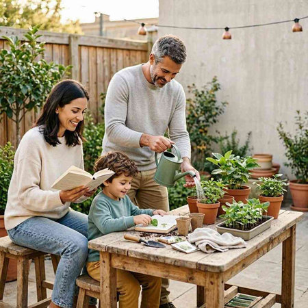 Happy family spending time together outdoors. Father, mother and son are watering plants.