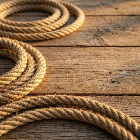 Rope on the wooden deck of the ship, close-up
