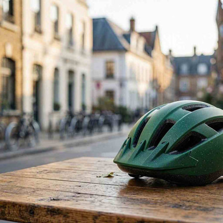Bicycle helmet on a wooden table in the center of the city