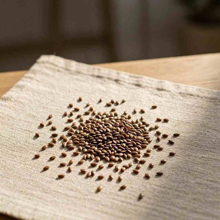 Coffee beans on a linen napkin on a wooden table