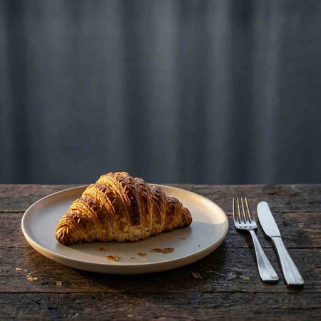Fresh croissant on a plate on a wooden background. Copy space.