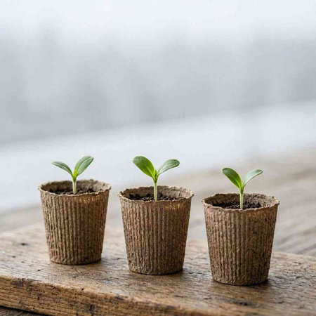 Three seedlings in peat pots on a wooden table. Selective focus.