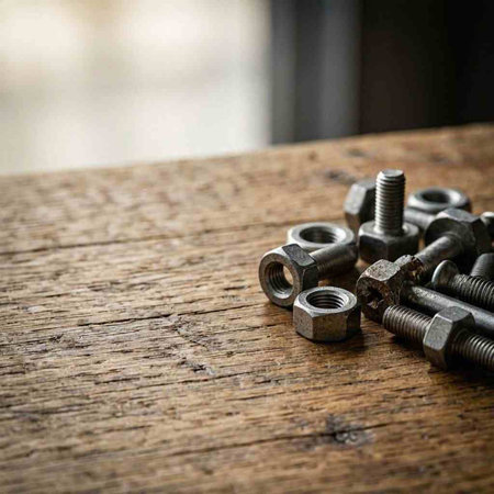 Nuts and bolts on a wooden table. Selective focus.