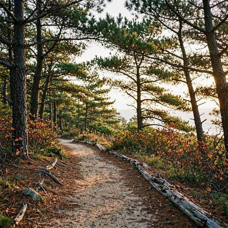 Path in the woods at sunset. The concept of active and ecological tourism