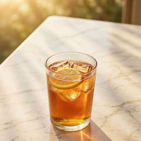 A glass of ice tea with lemon on a white marble table in sunlight