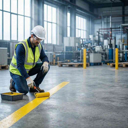 Front view of Caucasian male worker in safety helmet and reflective vest using electric tool belt while working in industrial factory