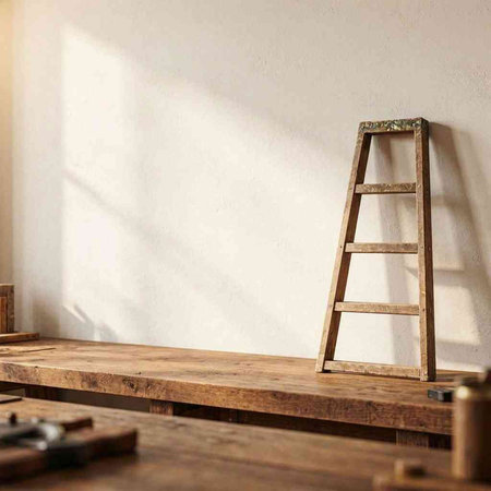 Wooden ladder on a table in a room with a white wall