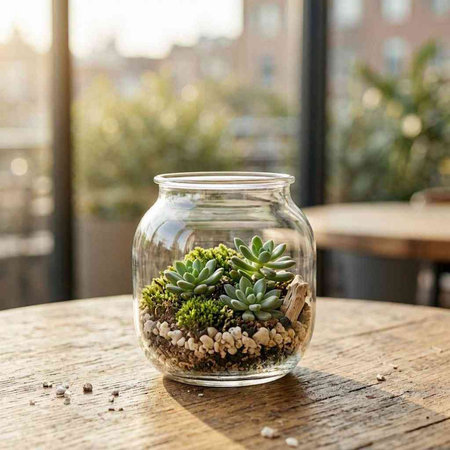 Small succulent plant in a glass jar on a wooden table.