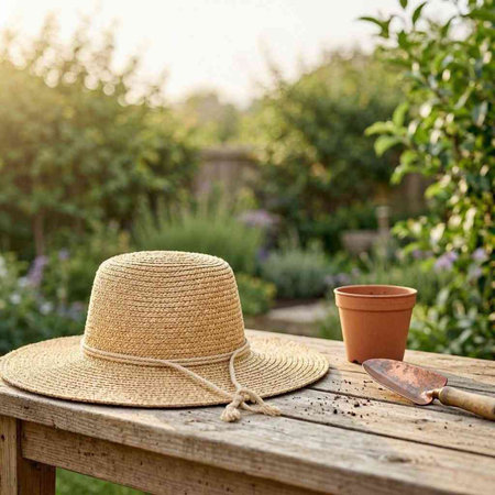 Straw hat and garden tools on wooden table in the garden.