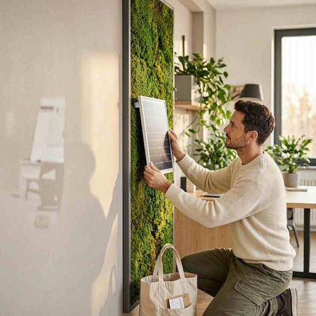 Man using a solar panel to check the temperature of the room.
