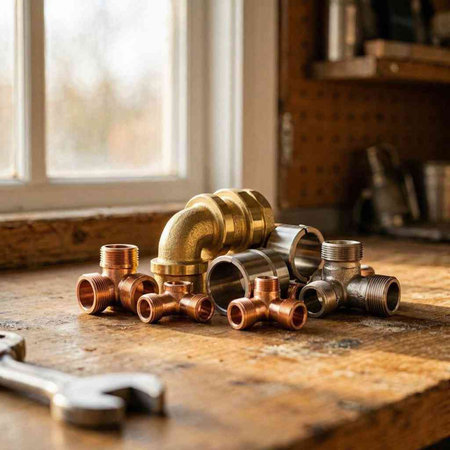 Plumbing fittings and tools on a wooden table. Selective focus.