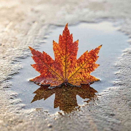 A single maple leaf in a puddle on a cold autumn day