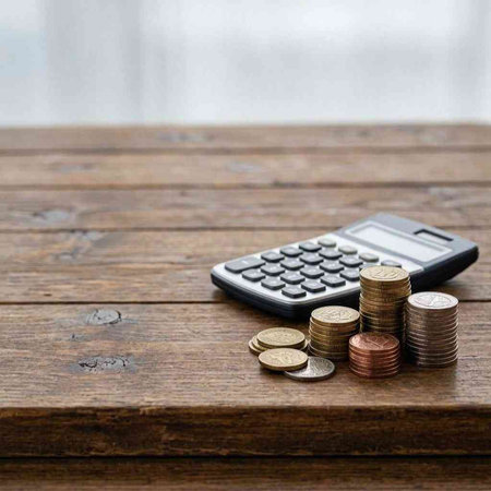 Coins and calculator on wooden table. Business and finance concept.