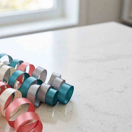 colorful ribbons on a white marble table with copy space.