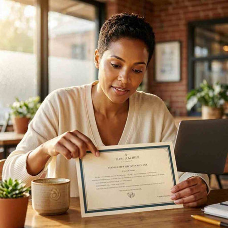 Businesswoman working on digital tablet computer at desk in coffee shop.