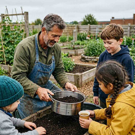 Father and children planting seedlings in a vegetable garden on a sunny day