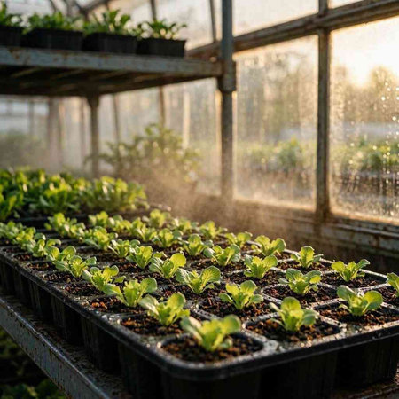Small seedlings of lettuce in a greenhouse. Selective focus.