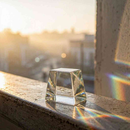 crystal cube on the balcony in the rays of the setting sun