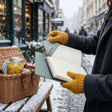 Woman reading a book on the street in winter. Woman with a book in her hands.