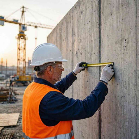 Construction worker measures the wall with a measuring tape on a construction site