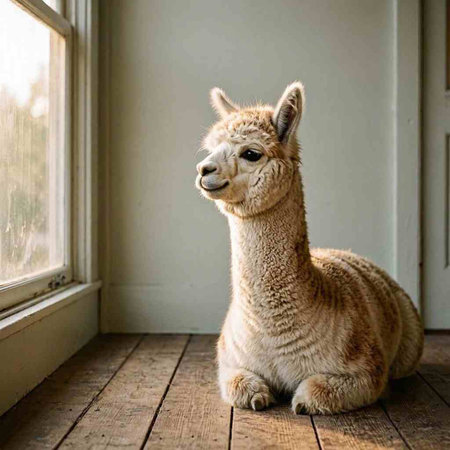 Portrait of a cute alpaca sitting on the windowsill