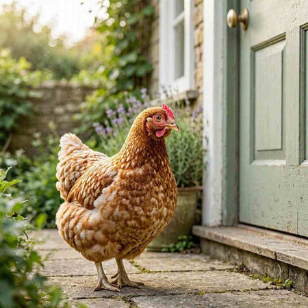 A brown hen walks in the garden on a sunny summer day.