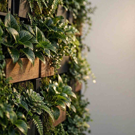 Green plants in pots on the walls of the house. Green plants.