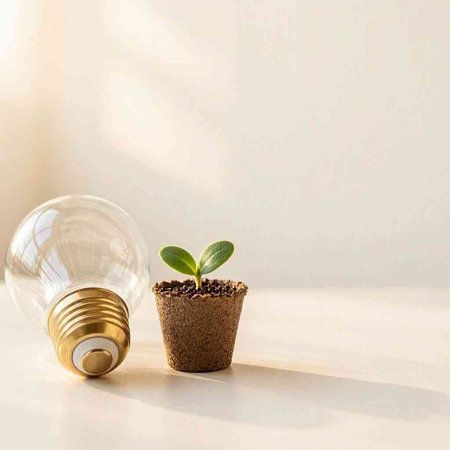 Light bulb with a green seedling growing in a pot on a white background