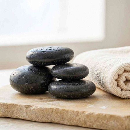Spa stones and towels on the background of a window in a spa salon
