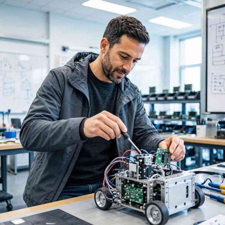 Technician repairing a robot at the factory. Technology and engineering concept.