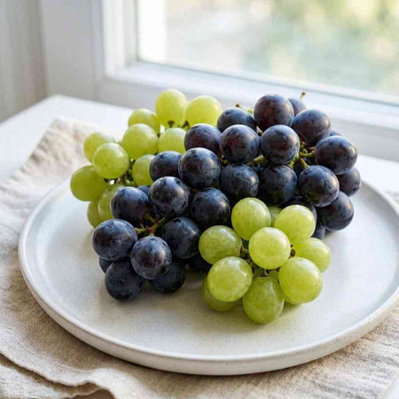 Grapes on a white plate on a background of a window