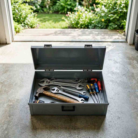 A set of tools in a toolbox on the floor in the garden