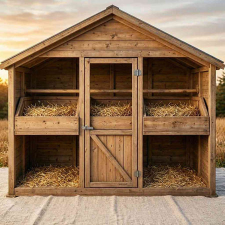 Wooden shed with hay bales on the ground at sunset.